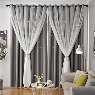 Loyala Star Double Layer Blackout Curtains for Bedroom Kids Cute 96 Inches Long 2 Panels Set Grey 42 X 96 Inches