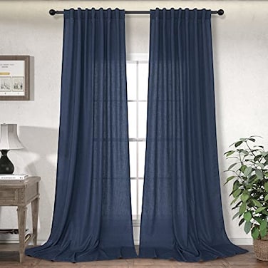 DANCURTON Navy Blue Curtains 96 Inches Long for Living Room Dining 2 Panel Set Back Tab Pocket Marine Drape Light Filter Semi Sheer Energy Efficient Privacy Linen Dark Blue Curtain for Bedroom Mens 52