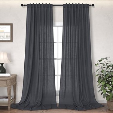 DANCURTON Dark Grey Curtains 96 Inches Long for Living Room 2 Panels Back Tab Pocket Light Reducing Semi Sheer Privacy Opaque Charcoal Gray Linen Curtains for Bedroom Home Office Rustic Country Chic D