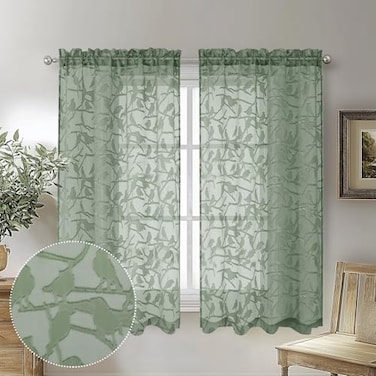 OVZME Sage Green Small Sheer Curtains 45 Inch Length 2 Panels Set Light Filtering Soft Airy Cafe Curtains Dual Rod Pocket Design Leaf Bird Jacquard Farmhouse Window Drapes for Kitchen 2x38Wx45L