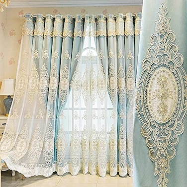 Amidoudou 1 Pair European Double Layer Curtains with Valances for Living Room Bedroom Luxury 3D Flower Embroidered Curtains Blue52x90 Inch