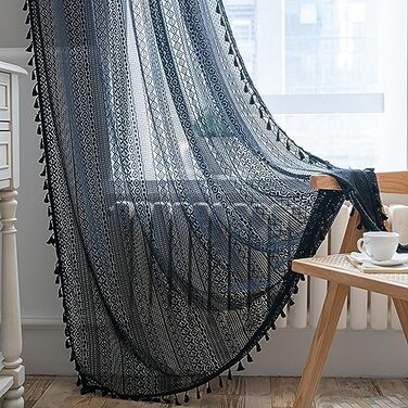 Sutuo Home Black Boho Curtain 84 Inches Length Sheer Crochet Lace Handmade Tassels Knitted Window Treatment Vintage Rustic Bohemian Farmhouse Drape for Bedroom Rod Pocket 1 Panel 59 W x 84 L