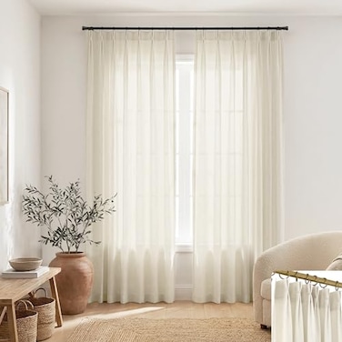 SHINELAND 102 Inch Long Pinch Pleated Linen Curtains Drapes for Living RoomLight Filtering Sheer Window Curtains 2 Panels Set