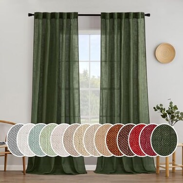 MIULEE Olive Green Linen Curtains 120 Inches Long for Bedroom Living Room Soft Thick Linen Textured Window Drapes Semi Sheer Light Filtering Back Tab Rod Pocket Burlap Look 2 Panels