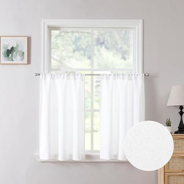Tollpiz Short Linen Tier Curtains Rod Pocket Semi Sheer Half Kitchen Curtain Burlap Light Filtering Thick Linen Drapes for Bathroom 30 x 24 inches Long White Set of 2 Panels