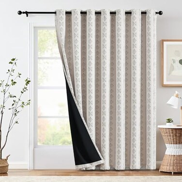 jinchan 95 Blackout Boho Curtain 84 Inches Long for Bedroom 1 Panel Extra Wide Printed Curtain Black on Beige Geometric Grommet Top Thermal Insulated Window Drape