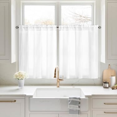 HOMEIDEAS NonSeeThrough White Privacy Sheer Kitchen Curtains 30 X 36 Inches Long 2 Panels Short Sheer Curtains Light Filtering Bathroom Window Drapes for Bedroom Living Room