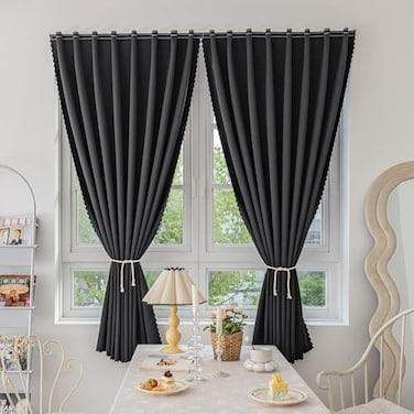 Jilron Magic Tape Stick on Curtains Blackout Curtains for Bedroom no Drillng Self Adhesive Curtain no Rod Small Window Black 35 W x 40 L 2 Panels