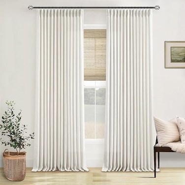 TWODRAPES Pinch Pleated Linen Curtains 108 Inches Long for Living Room 2 Panels Set Cream Ivory Flax Double Pleated Drapes Back Tab Neutral Boho Ceiling Floor 108 Inch Window Curtains Bedroom Natural