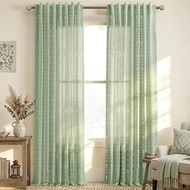 Lino Rosa Sage Green Whimsical Sheer Linen Curtains Boho Floral Striped Gingham Inspired Patterned Drapes for Bedroom Living Room Office 84 Inches Long