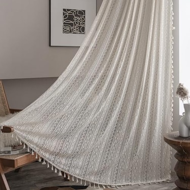 Sutuo Home Boho Curtains for Bedroom Nursery 90 Inch Length Bohemian Geometric Crochet Sheer Lace Handmade Tassels Window Treatment Vintage Rustic Drape Rod Pocket 1 Panel 59 W x 90 L Beige Wave