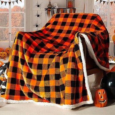 BEAUTEX Halloween Blanket Sherpa Plaid Throw Blankets Fuzzy Fluffy Cozy Soft Throws Fleece Flannel Plush Microfiber Blanket Halloween Fall Decor for Couch Bed Sofa50 X 60 Orange
