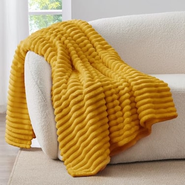 BEDELITE Fleece Throw Blanket for Couch 300GSM Soft Warm Fluffy Mustard Yellow Blanket Decorative and Giftable Striped Blankets for Women Men 50x60