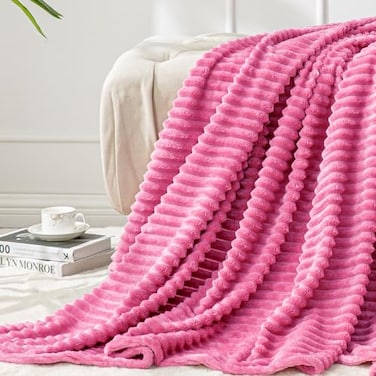 BEDELITE Fleece Throw Blanket for Couch 3D Ribbed Jacquard Soft and Warm Decorative Fuzzy Blanket Cozy Fluffy Plush Lightweight Hot Pink Throw Blankets for Bed Sofa 50x60 inches