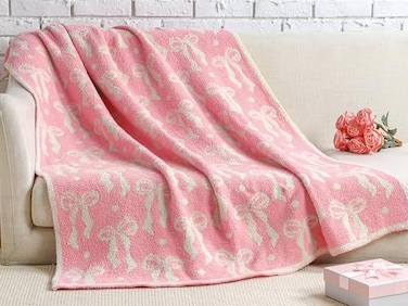 Buryeah Pink Bow Blanket Soft Microfiber Double Sided Bow Throw Blanket 50x 60 Coquette Aesthetic Plush Bedding Stuff Sofa Chair Dormitory Preppy Room Decor for Women Wedding Bridesmaid Gifts Mom