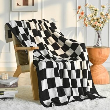 Xiashrk Checkered Blanket Soft Cozy Checkered Throw Blanket for Couch Bed Knitted Throw Blanket for Sofa Chair Lightweight Comfy Travel Picnic Blankets Gift Black Throw 50x60