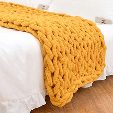 MocaDng Chunky Knit Blanket Throw 4040 Hand Knitted Warm Chenille Throw Blanket Home Decor Soft Thick Yarn Cable Knit BlanketSoft Breathable Fleece Banket Christmas for Couch Bed Sofa Best Gift Yellow