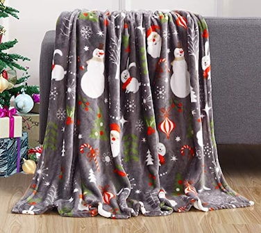 Elegant Comfort Luxury Velvet Super Soft Christmas Prints Fleece BlanketHoliday Theme Home Dcor Fuzzy Warm and Cozy Throws for Winter Bedding Couch and Gift 50 x 60 inch Santa Snowman Gray