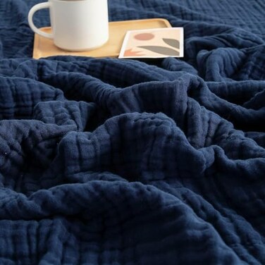 EMME Muslin Blanket 100 Cotton Throw Blankets for Couch 4Layer Breathable Gauze Blanket All Season Soft and Lightweight PreWashed Cotton Blanket Navy 50x71