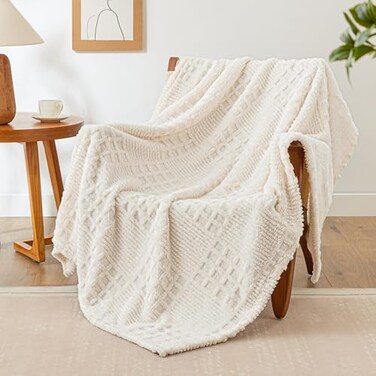 EXQ Home Fleece Throw Blanket for Couch or Bed 3D Waffle Patchwork Pattern Jacquard Decorative Blankets Cozy Soft Lightweight Fuzzy Flannel Blanket Suitable for All Seasons5060Beige