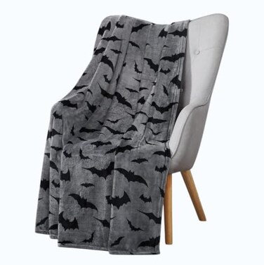 Serafina Home Halloween Throw Blanket Black Bats on Gray Velvet Soft Fleece Overized Large 70 x 50 for Sofa Bed Couch Chair Dorm