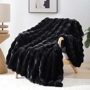Smoofy Faux Fur Throw Blanket for Couch Black Super Soft Cozy Bubble Blanket Fluffy Plush Fuzzy Throw for Sofa Bed Thick Lightweight Warm Blanket Luxury Aesthetic Gift for Women 50x60