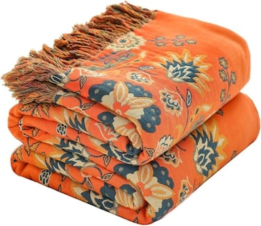 STASOPTK Summer Throw Blanket for Couch Bed Chair100 Cotton 4Layer Gauze Soft Lightweight Blanket Rustic Muslin Quilt Orange Floral Farmhouse Decor Bed All Season Blankets6080