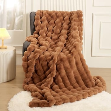 macinso Super Comfort Oversized Warm Thick Bubble Luxury Plush Rabbit Faux Fur Throw Blanket Fluffy BlanketSoft Cozy Blanket for Couch Chair Bed Sofa Living Room Brown 50inX60in