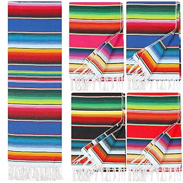 Tudomro 4 PCS Large Authentic Mexican Blankets Colorful Mexican Striped Throw Blankets Serape Fiesta Beach Fringe Yoga for Home Office Camping Picnic Bright