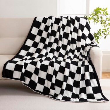 YIRUIO Checkered Knit Throw Blanket Ultra Soft Microfiber ReversibleFluffy Fuzzy Cozy Throw for BedSofa Couch Home Decor Gift Black
