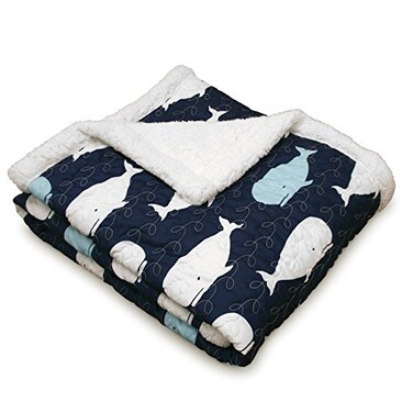 Lush Decor Whale Throw Ocean Animal Print Fuzzy Reversible Sherpa Blanket 60 x 50 Navy
