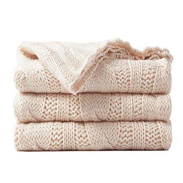 Battilo Cream Ivory Cable Knit Throw Blankets for Couch Super Soft Warm Cozy Decorative Knitted Throw Blanket for Bed Sofa Chair 50x60