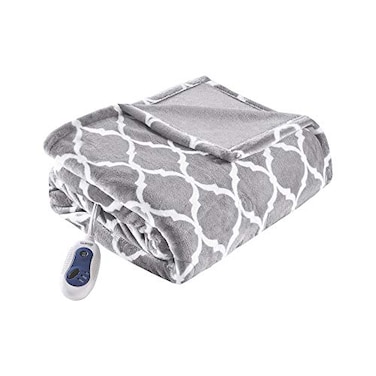 Beautyrest Ogee Printed Plush Electric Blanket for Cold Weather Fast Heating Auto Shut Off Virtually Zero EMF Multi Heat Setting UL Certified Machine Washable Grey Oversized Throw 60x70