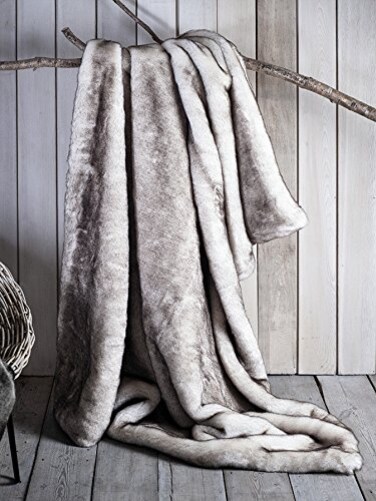 Eikei Luxury Faux Fur Throw Blanket Super Soft Oversized Thick Warm Afghan Reversible to Plush Velvet in Tan Grey Wolf Cream Mink or Blush Chinchilla Machine Washable White Tipped 60Wx70L