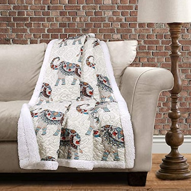 Lush Decor Hati Elephant Throw Fuzzy Reversible Bohemian Sherpa Blanket 60 x 50 Navy and Turquoise