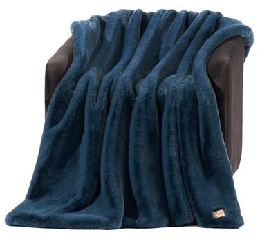 UGG Euphoria Faux Fur Throw Blanket Soft Warm Throw Blankets for Couch or Bed Luxury Bedroom Decor Giftable Fuzzy Blankets Machine Washable 50inch x 70inch Indigo Blue