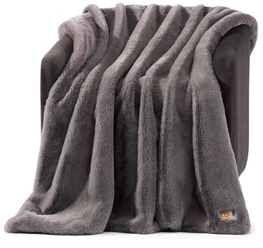 UGG Euphoria Faux Fur Throw Blanket Oversized Soft Throw for Bed or Couch Luxury Bedroom Decor Plush Blankets Machine Washable 50inch x 70inch Charcoal Grey