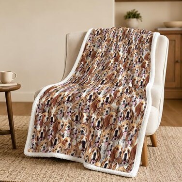 BlessLiving Beagle Brown Throw Blanket with Dense Dog Patterns Sherpa Fleece Blanket Couch Bed Soft Cozy Warm Pet Blankets for Puppy Lovers Cute Animal Print Gift 50x60 Inches