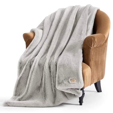 UGG Euphoria Faux Fur Throw Blanket Oversized Warm Throw for Couch or Chair Luxury Bedroom Decor Cozy Soft Blankets Machine Washable 50inch x 70inch Seal Grey