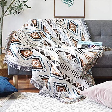 Luxlovery Aztec Throw Blankets Beige Tribal Boheiman Ethnic Woven Boho Geometric White Khaki Blanket for Couch Aztec Bed Throws Oversized Chair Sofa Cover with Tassels63x86