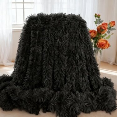 MYRU Plush Super Soft Blanket Bedding Sofa Cover Furry Fuzzy Fur Warm Throw Qulit Cozy Couch Blanket for Winter 63x79 Black