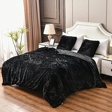 YUSOKI Black King Faux Fur Winter Blanket2 Layers90x104Without Pillows Big Soft Plush Fuzzy Large Warm Fluffy Blanket for Bed
