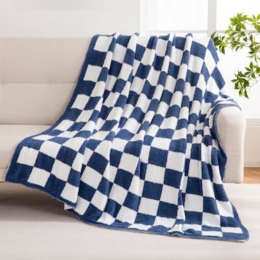 YIRUIO Checkered Knit Throw Blanket Ultra Soft Microfiber ReversibleFluffy Fuzzy Cozy Throw for BedSofa Couch Home Decor Blue 60x80 Inches Twin Size