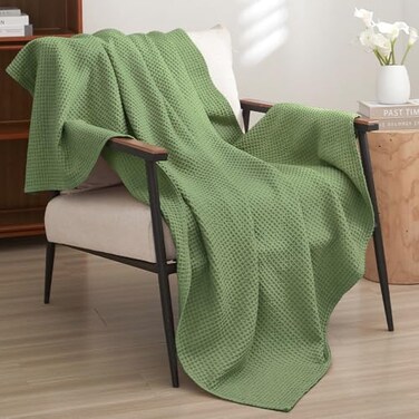 PHF PreWashed 100 Cotton Waffle Weave Throw Blanket for Couch Lightweight Breathable Bed Blanket for Spring Summer Snag Proof Machine Washable Home Decor Gift Loden Green