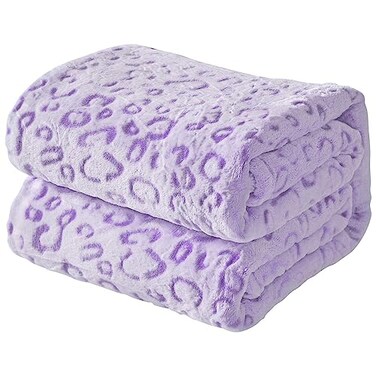 FY FIBER HOUSE Flannel Fleece Throw Microfiber Blanket with 3D Cheetah Print 90X108 Purple