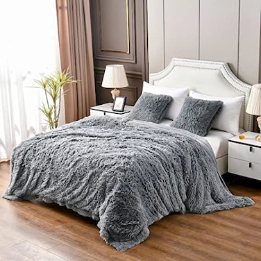 YUSOKI Grey Queen Faux Fur Blanket2 LayersQueen90 x 90 Without Pillows Big Soft Plush Fuzzy Large Warm Fluffy Gray Throw Blanket for Bed