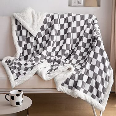 LOMAO Sherpa Throw Blanket Fleece Blanket with Checkered Pattern Soft Thick Blanket for Couch Bed Sofa Luxurious Warm and Cozy for All Seasons Grey 51x63