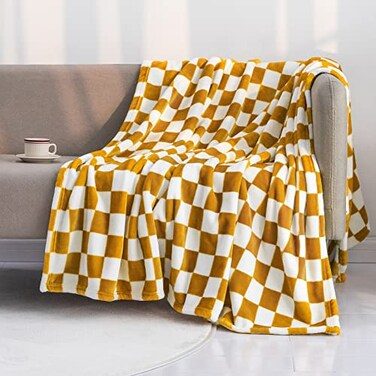 LOMAO Throw Blankets Flannel Blanket with Checkerboard Grid Pattern Soft Throw Blanket for Couch Bed Sofa Luxurious Warm and Cozy for All Seasons Yellow 50x60