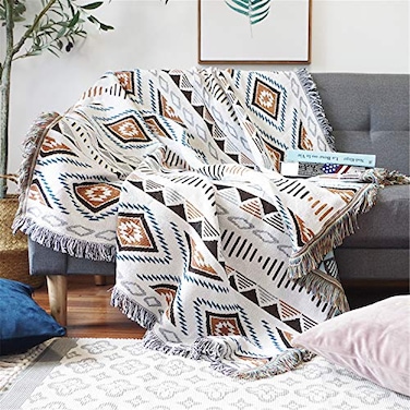 Luxlovery Bohemian Sofa Throw Blankets Ethnic Woven Boho Geometric White and Khaki Throw Blanket for Couch Aztec Bed Throws Oversized Chair Sofa Cover with Tassels51x63