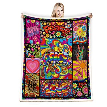 Juirnost Hippie Style Peace Love Flower Throw Blanket 70s Peace Sign Retro Hippy Stoner Groovy Blanket for Couch Bed Sofa Soft Cozy Fleece Plush Reversible 50X60 Inch